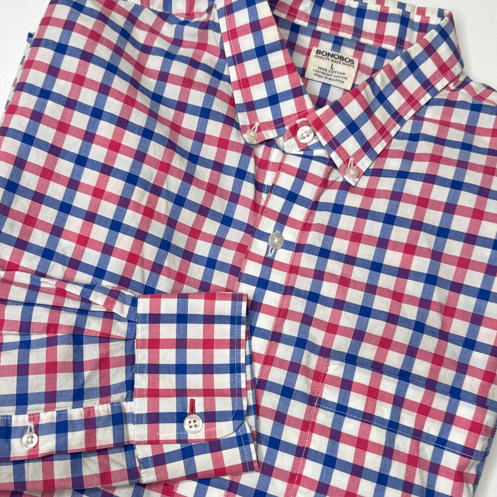 Bonobos Men's Red‎ White & Blue Gingham Long Sleeve Button Down Shirt Size Large